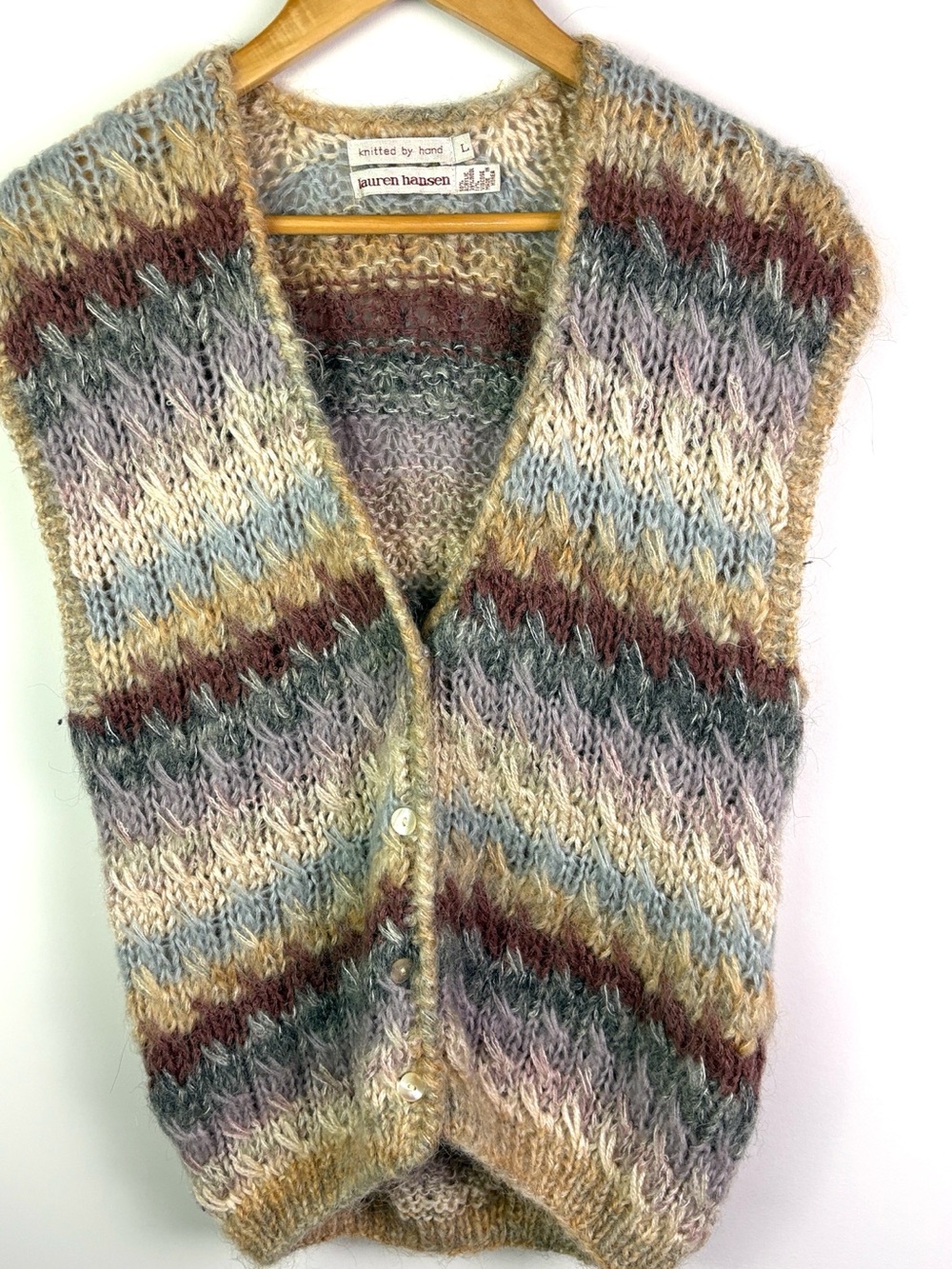 Lauren Hansen vintage wool Blend hand knit Sleeveless Cardigan Vest size L